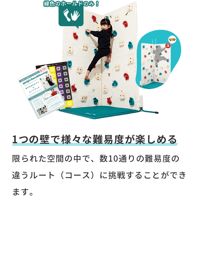 1つの壁で様々な難易度が楽しめる 限られた空間の中で、数10通りの難易度の違うルート（コース）に挑戦することができます。